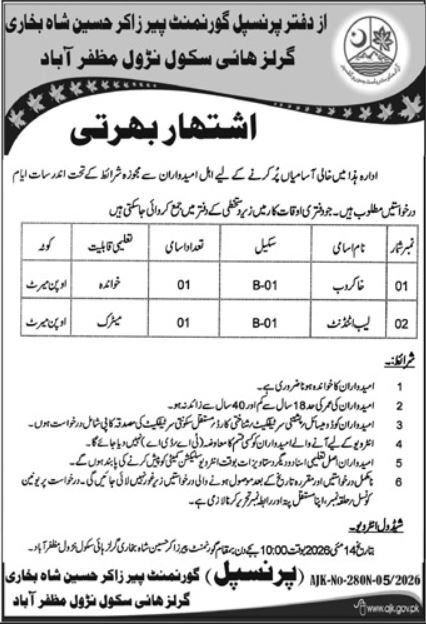 Government Girls High School Muzaffarabad Jobs 2026 – Govt of Azad Kashmir Jobs 2026 — original advertisement