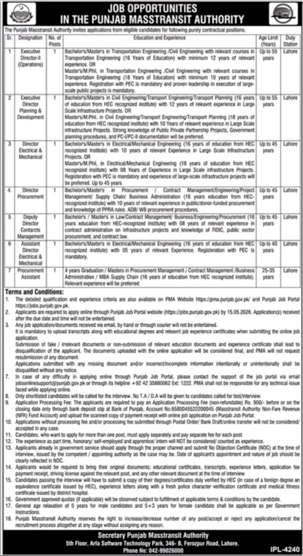 Punjab Masstransit Authority PMA Lahore Jobs 2026 Jobs 2026 — original advertisement