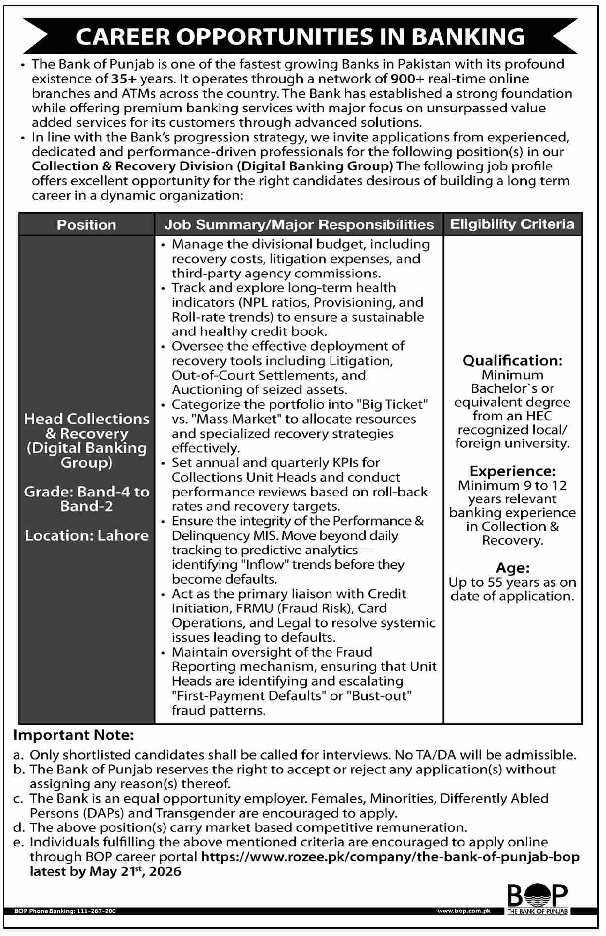 The Bank Of Punjab BOP Lahore Job 2026 Jobs 2026 — original advertisement