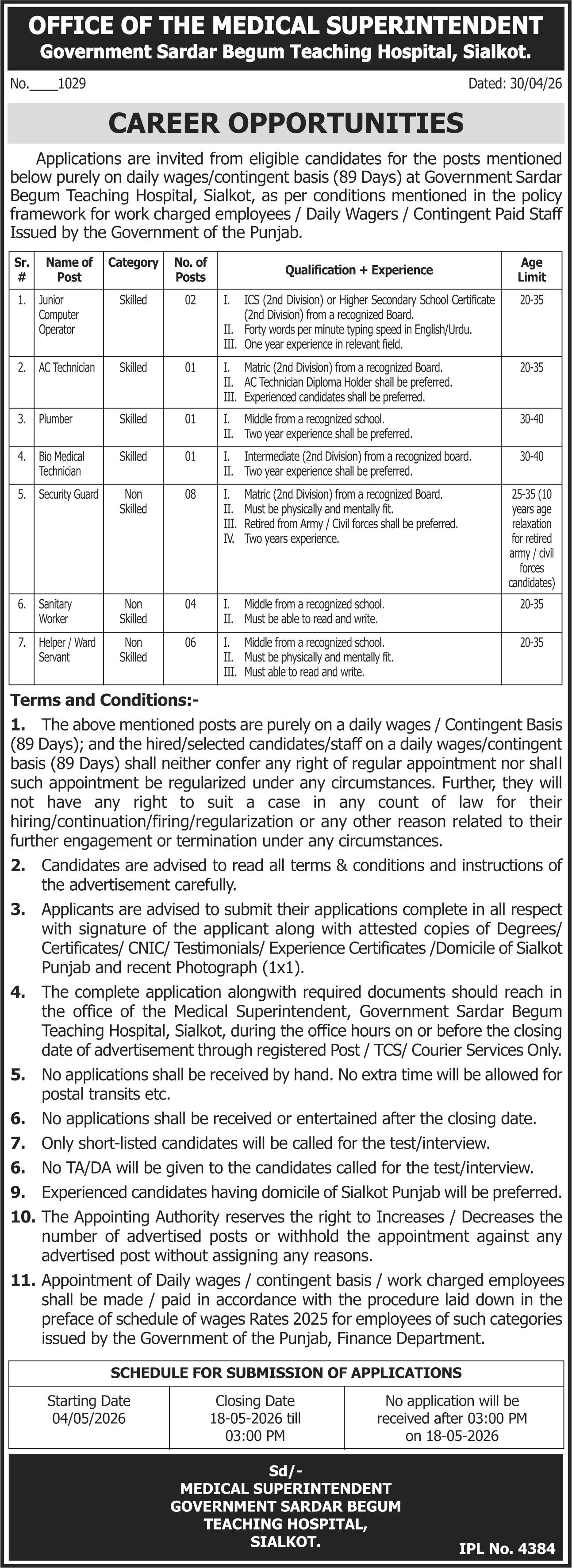 Govt Sardar Begum Teaching Hospital Sialkot Jobs 2026 Jobs 2026 — original advertisement