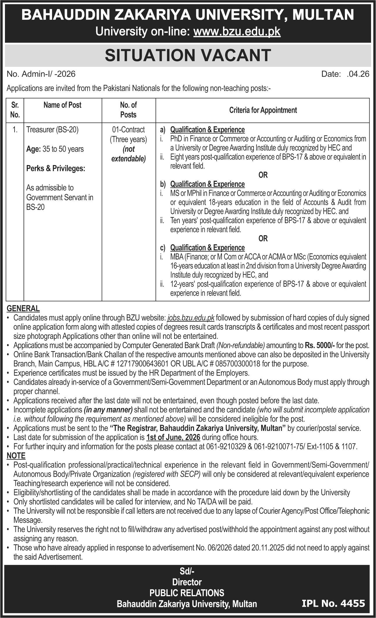 Bahauddin Zakariya University Multan BZU Job 2026 Jobs 2026 — original advertisement