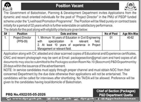 Livelihood Promotion Program P&D Department Jobs 2026 – Planning and Development Department Balochistan Jobs 2026 — original advertisement