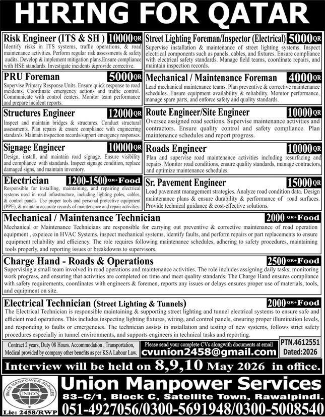 Route Engineer & Signage Engineer Jobs 2026 In Qatar – Union Manpower Services Jobs 2026 — original advertisement