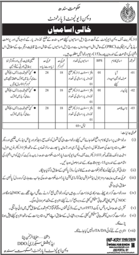 Women Development Department Karachi Jobs 2026 – Women Development Department Sindh Jobs 2026 — original advertisement