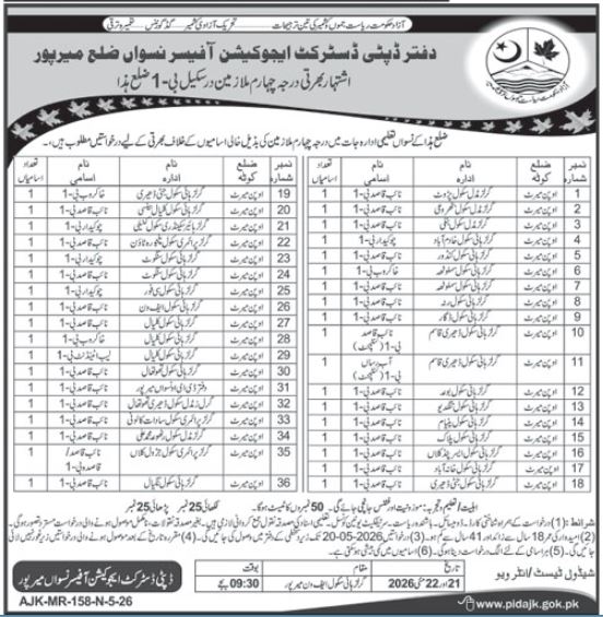 District Education Officer Mirpur Jobs 2026 – Elementary & Secondary Education AJK Jobs 2026 — original advertisement