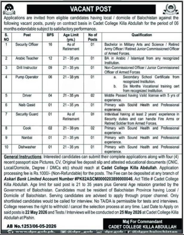 Cadet College Killa Abdullah Jobs 202 – Cadet College Killasaifullah Balochsitan Jobs 2026 — original advertisement