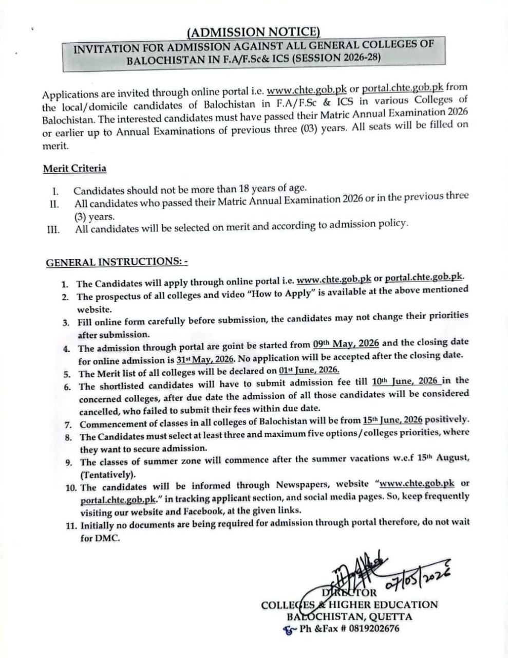 Admission Open in College Higher Education Balochistan 2026 – Colleges Higher and Technical Education Department Balochsitan Admissions 2026 — original advertisement
