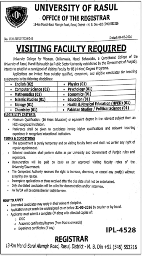 University Of Rasul Mandi Bahauddin Jobs 2026 – Punjab University of Technology Rasul District Mandi Bahaudin Jobs 2026 — original advertisement