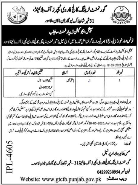 Government Training College For The Teacher Of Blind Job – Special Education Department Punjab Jobs 2026 — original advertisement