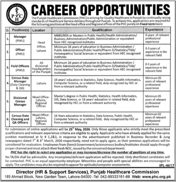The Punjab Healthcare Commission PHC Lahore Jobs 2026 Jobs 2026 — original advertisement