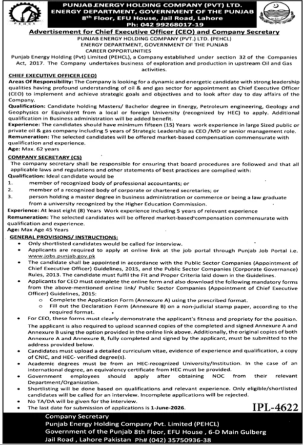 Energy Department Lahore Job 2026 – Energy Department Punjab Jobs 2026 — original advertisement