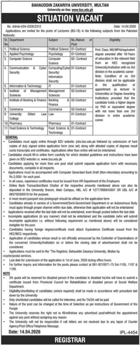Bahauddin Zakariya University Multan BZU Job 2026 Jobs 2026 — original advertisement