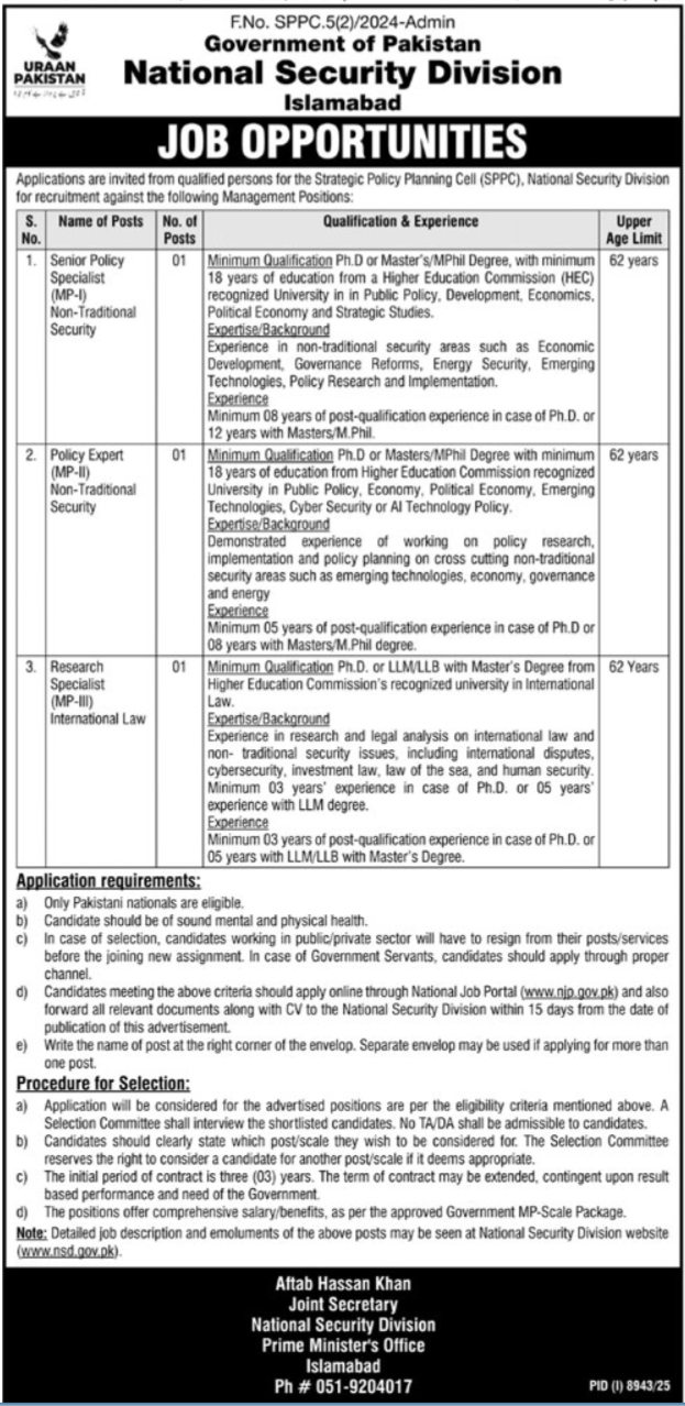 National Security Division Islamabad Jobs 2026 Jobs 2026 — original advertisement
