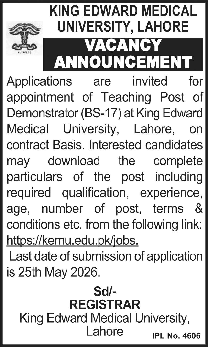 King Edward Medical University Lahore Jobs 2026 Jobs 2026 — original advertisement