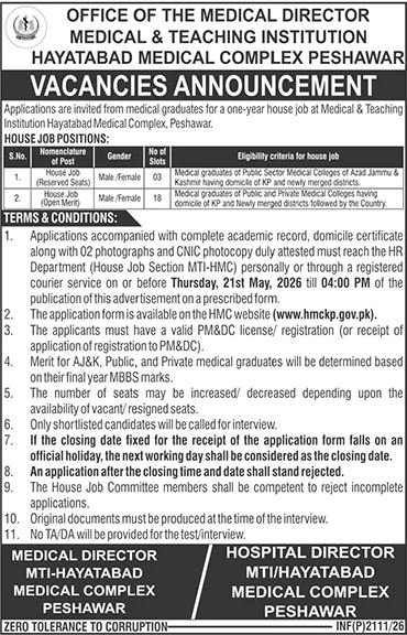 Hayatabad Medical Complex HMC Peshawar Jobs 2026 – Hayatabad Medical Complex Peshawar Jobs 2026 — original advertisement