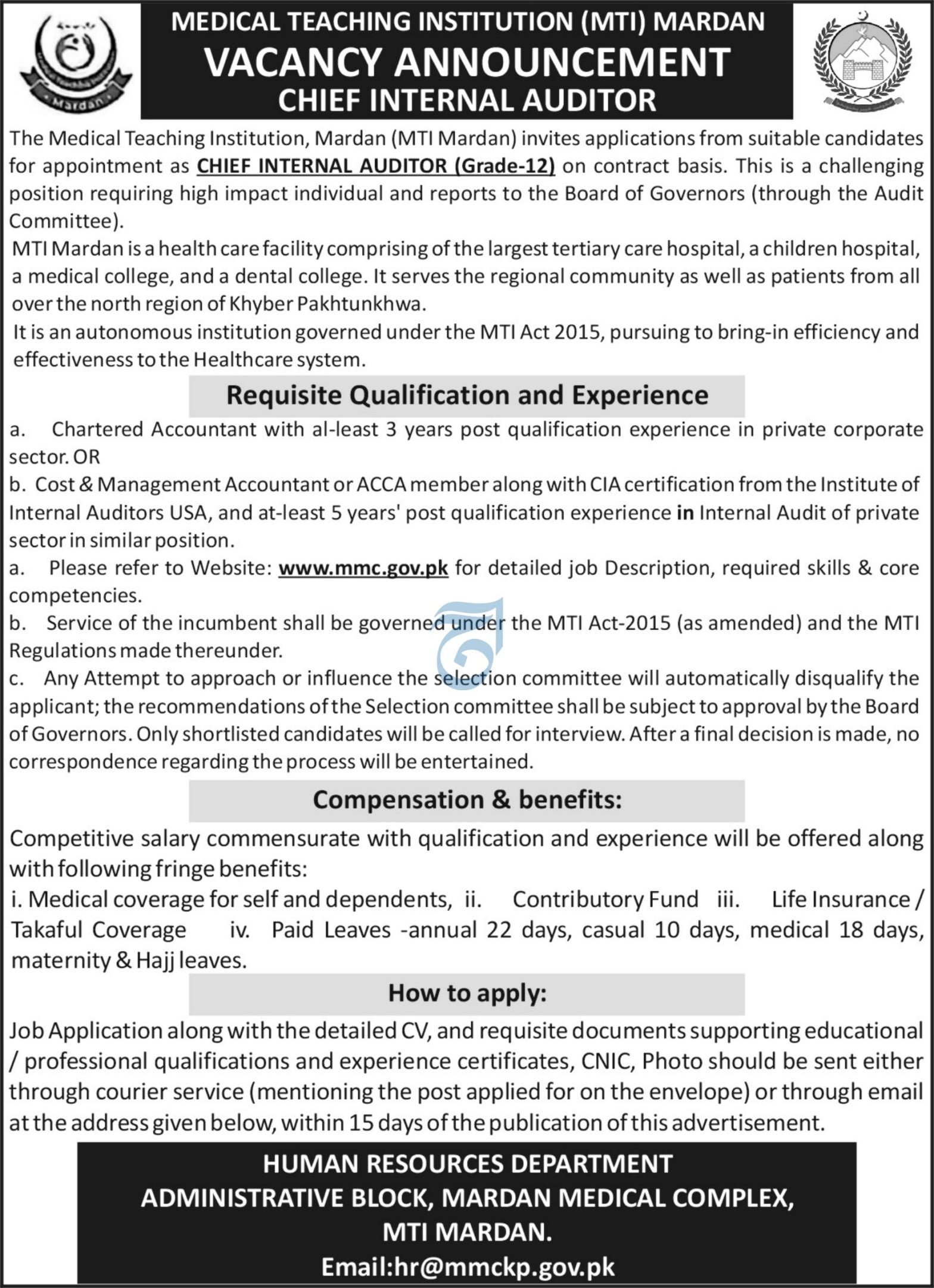 Mardan Medical Complex MTI Jobs 2026 Chief Internal Auditor – Medical Teaching Institute MTI Khyber Teaching Hospital Peshawar Kpk Jobs 2026 — original advertisement