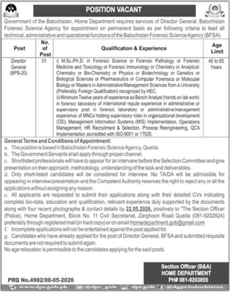 Balochistan Forensic Science Agency BFSA Jobs 2026 – Home & Tribal Affairs Department Balochistan Jobs 2026 — original advertisement