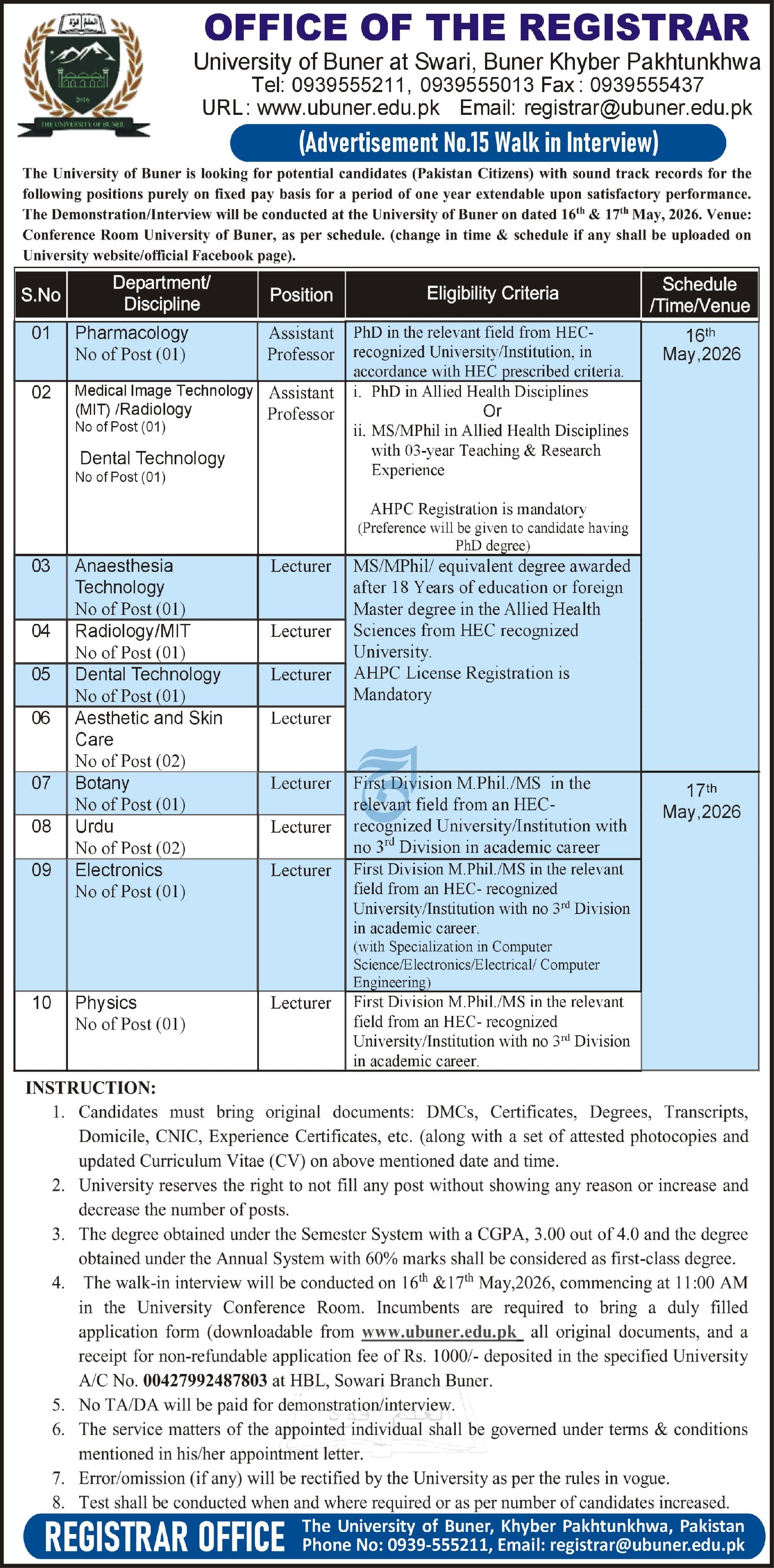 University of Buner Swabi Khyber Pakhtunkhwa Jobs 2026 Jobs 2026 — original advertisement