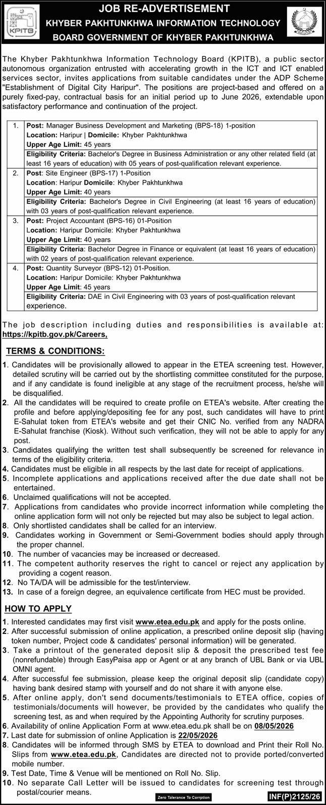 Khyber Pakhtunkhwa Information Technology Board KPITB Jobs – Khyber Pakhtunkhwa Information Technology Board (KPITB) Peshawar Jobs 2026 — original advertisement