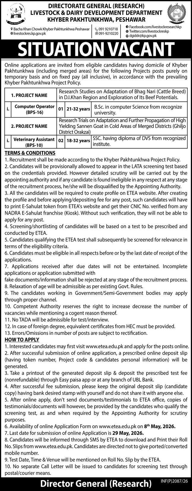 Livestock & Dairy Development Department KPK Jobs 2026 – Livestock and Dairy Development Department Punjab Jobs 2026 — original advertisement