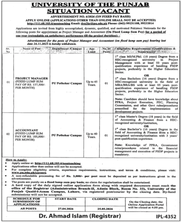 University Of The Punjab PU Jobs 2026 – University of Punjab Jobs 2026 — original advertisement
