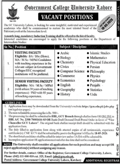 Government College University GCU Lahore Jobs 2026 – Government College University Lahore Jobs 2026 — original advertisement
