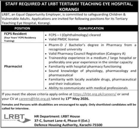 LRBT Tertiary Teaching Eye Hospital Karachi Jobs 2026 – LRBT Tertiary Eye Teaching  Hospital Jobs 2026 — original advertisement