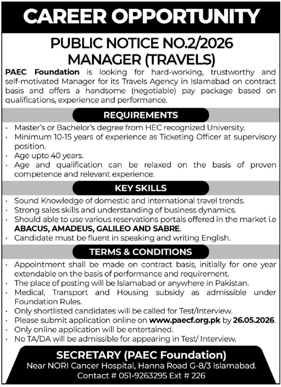 Paec Foundation Islamabad Jobs 2026 – Public Sector Organization Jobs 2026 — original advertisement