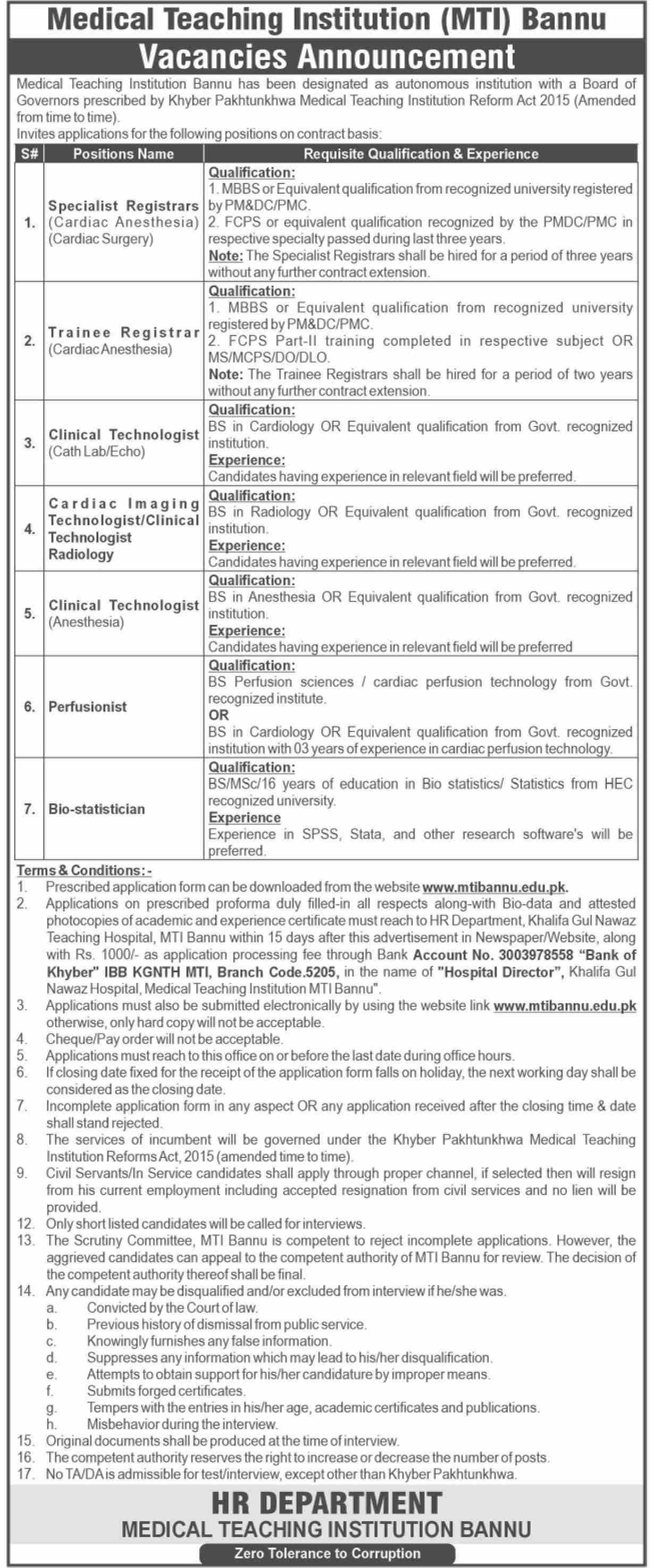 Medical Teaching Institution MTI Bannu Jobs 2026 – Medical Teaching Institute MTI Khyber Teaching Hospital Peshawar Kpk Jobs 2026 — original advertisement