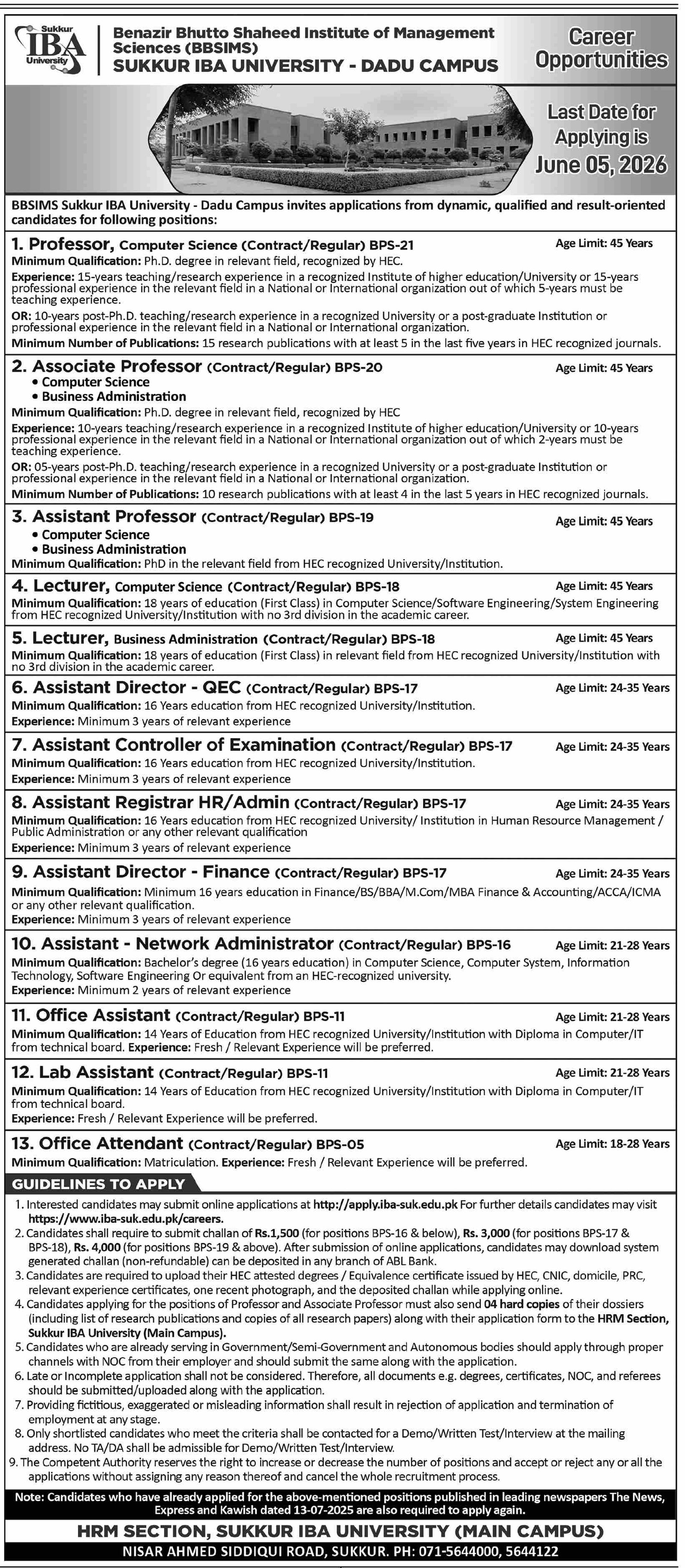 Benazir Bhutto Shaheed Institute DADU Jobs 2026 – Sukkur IBA University Jobs 2026 — original advertisement