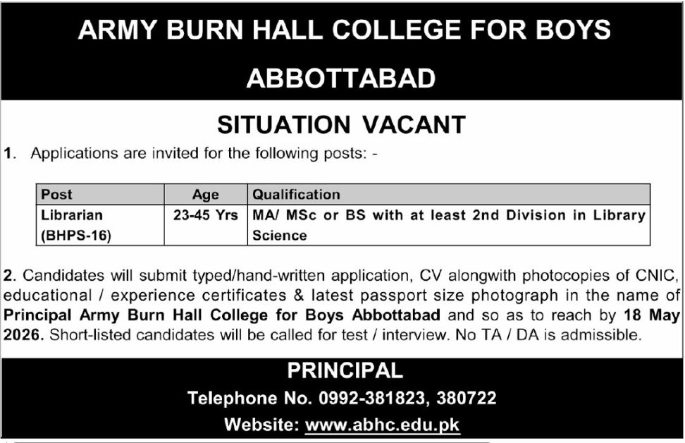 Army Burn Hall College For Boys Abbottabad Jobs 2026 – Army Burn Hall College Abbottabad Jobs 2026 — original advertisement