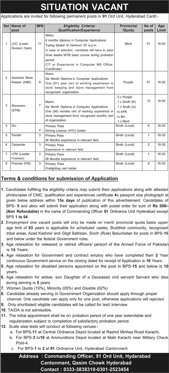 91 Ord Unit Hyderabad Cantt Jobs 2026 – Pakistan Army Jobs 2026 — original advertisement