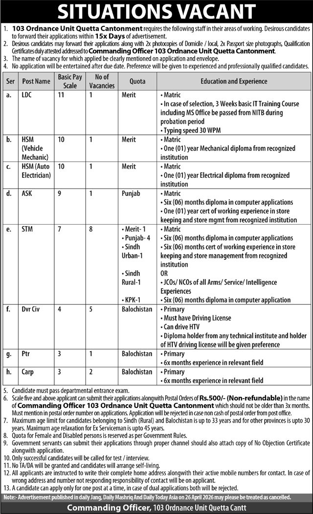 103 Ordance Unit Quetta Jobs 2026 – Pakistan Army Jobs 2026 — original advertisement