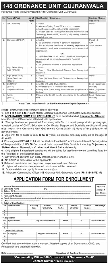 148 Ordnance Unit Gujranwala Jobs 2026 – Pakistan Army Jobs 2026 — original advertisement