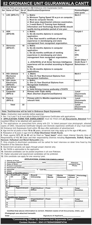82 Ordnance Unit Gujranwala Jobs 2026 – Pakistan Army Jobs 2026 — original advertisement