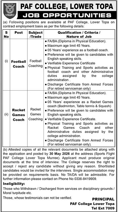 PAF College Lower Topa Murree Job 2026 – Pakistan Air Force Jobs 2026 — original advertisement