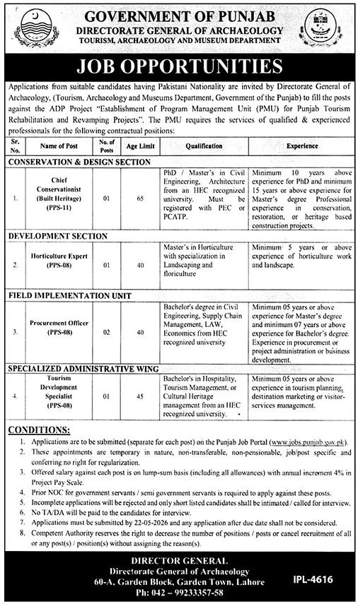 Tourism Archaeology & Museum Department Lahore Jobs 2026 – Youth Affairs, Sports, Archaeology & Tourism Department Punjab Jobs 2026 — original advertisement