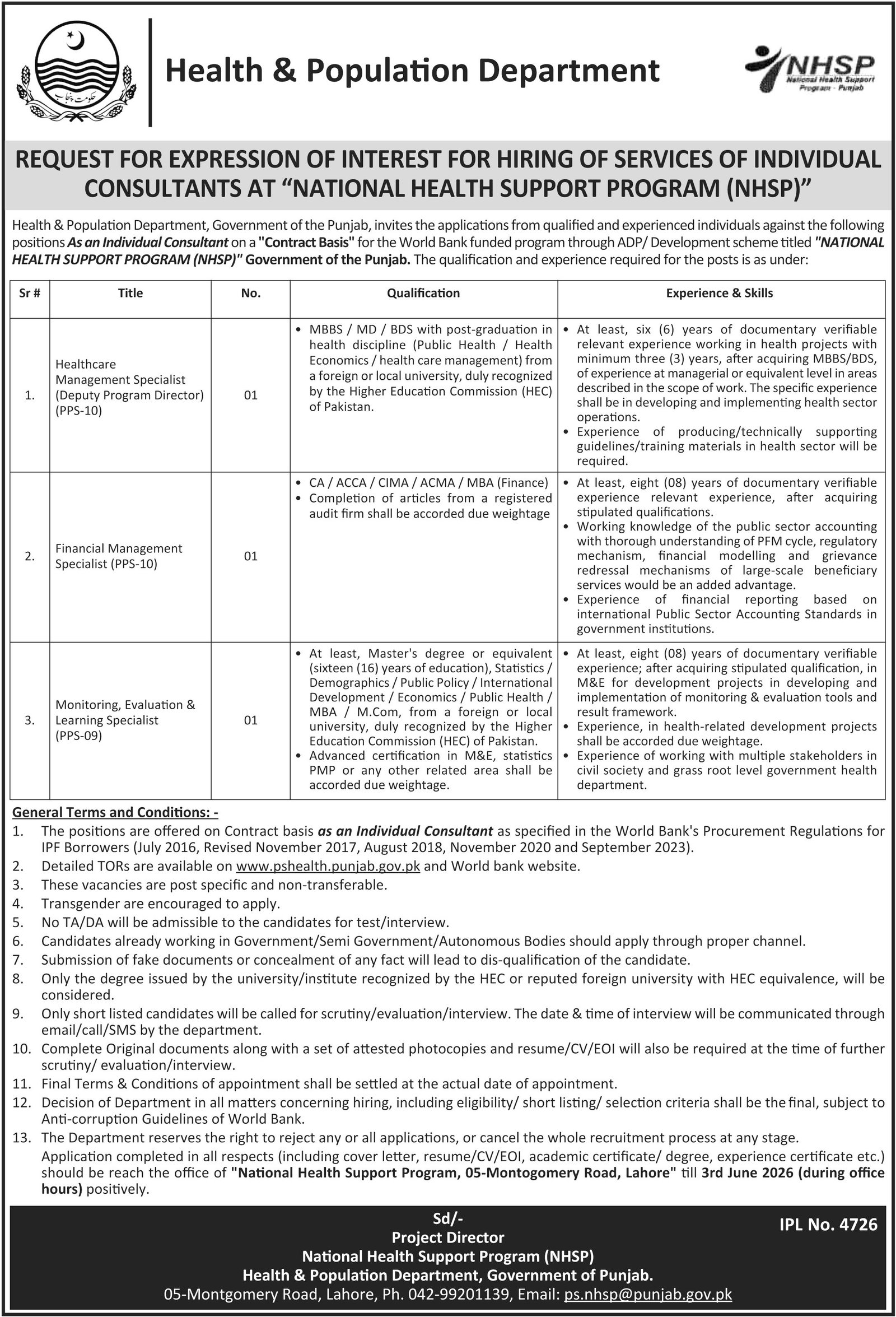 Health & Population Department Lahore Jobs 2026 – Health Department Punjab Jobs 2026 — original advertisement