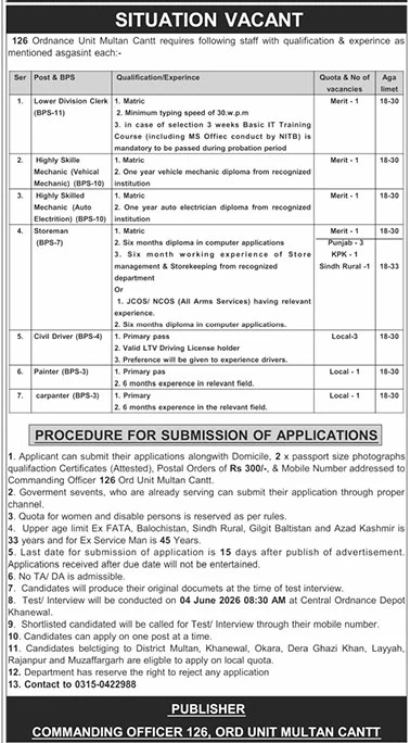 126 Ordnance Unit Multan Jobs 2026 – Pakistan Army Jobs 2026 — original advertisement