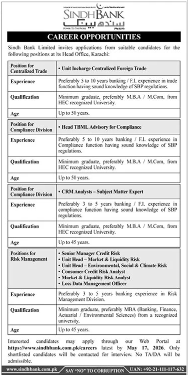 Sindh Bank Limited Karachi Jobs 2026 Jobs 2026 — original advertisement