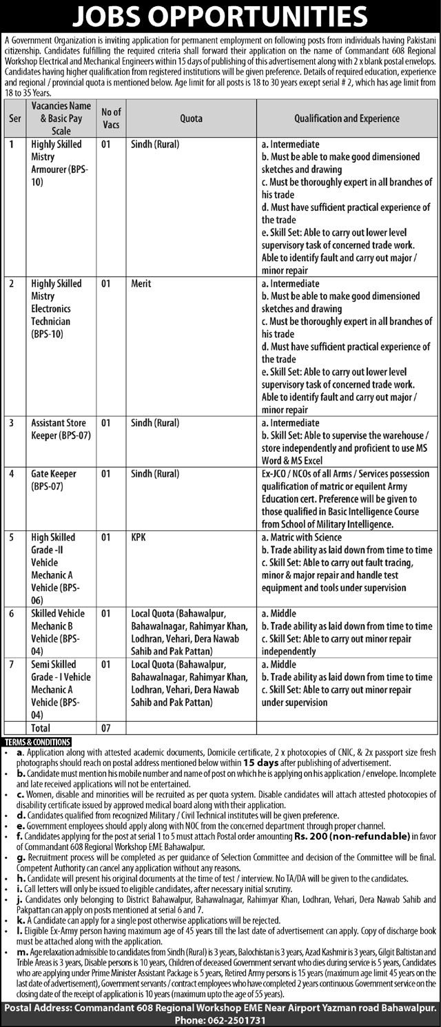 608 Regional Workshop EME Bahawalpur Jobs 2026 – Pakistan Army Jobs 2026 — original advertisement