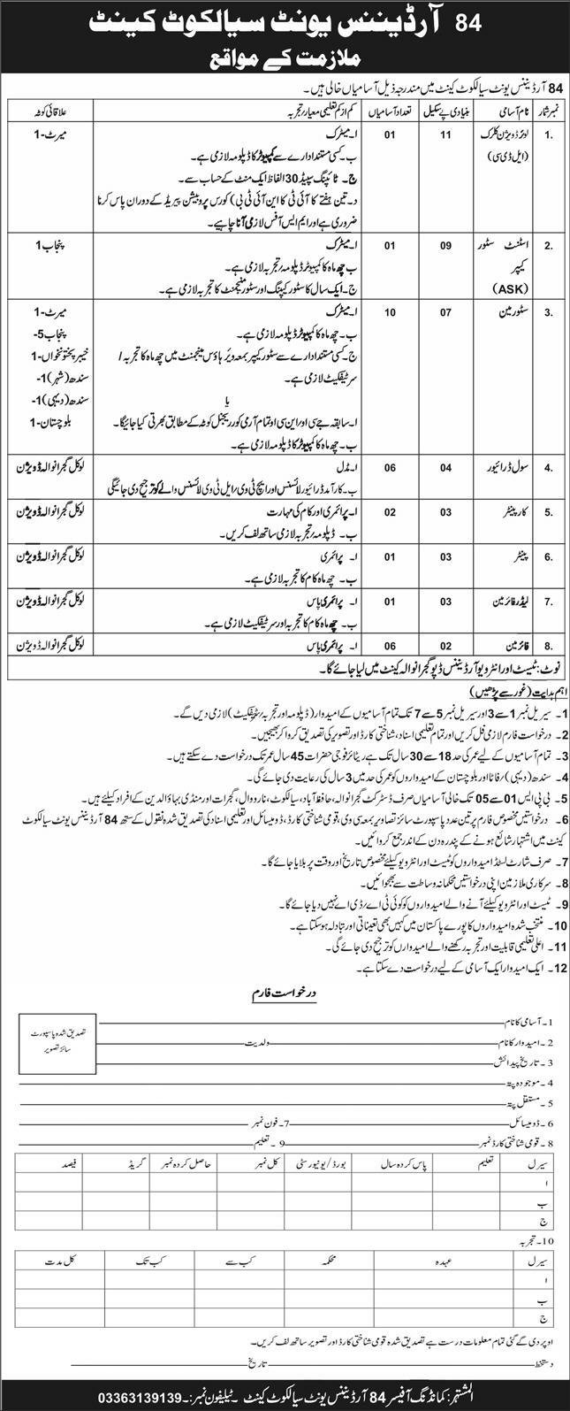 84 Ordance Unit Sialkot Cantt Jobs 2026 – Pakistan Army Jobs 2026 — original advertisement