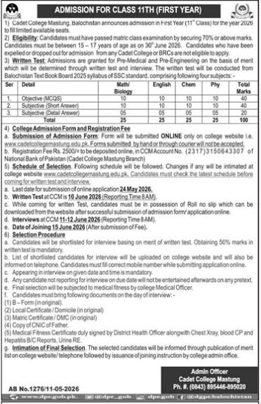 Admission Open in Cadet College Mastung Balochistan 2026 Admissions 2026 — original advertisement