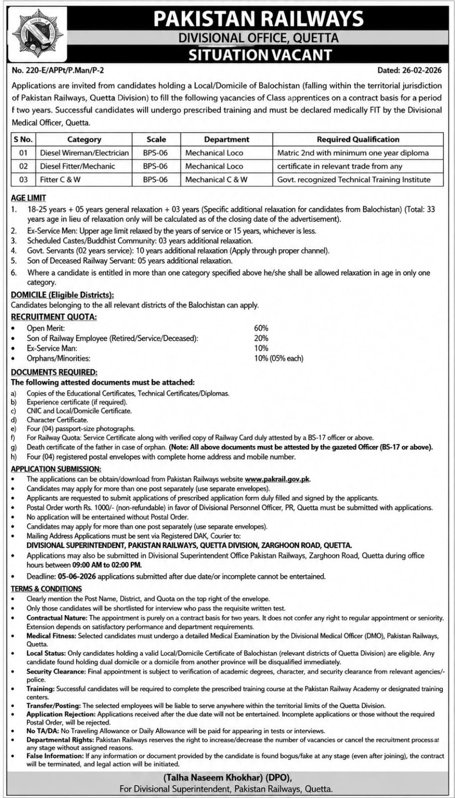 Pakistan Railways Divisional Office Quetta Jobs 2026 – Ministry of Railways Islamabad Jobs 2026 — original advertisement