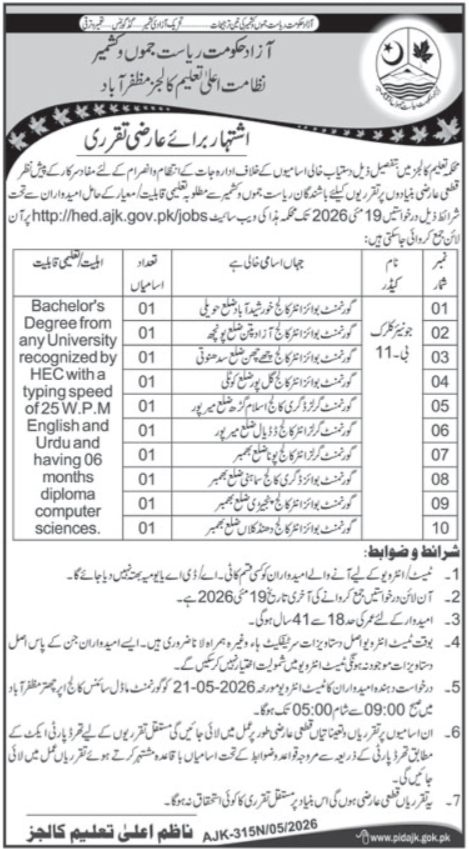 College Education Department Muzaffarabad Jobs 2026 – Govt of Azad Kashmir Jobs 2026 — original advertisement