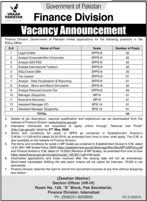 Finance Division Islamabad Jobs 2026 For Analyst Jobs 2026 — original advertisement