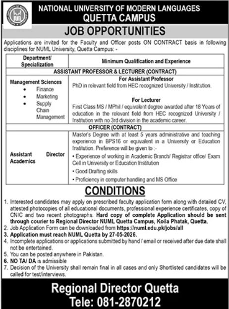 NUML University Quetta Campus Jobs 2026 For Lecturers – National University of Modern Languages Islamabad Jobs 2026 — original advertisement