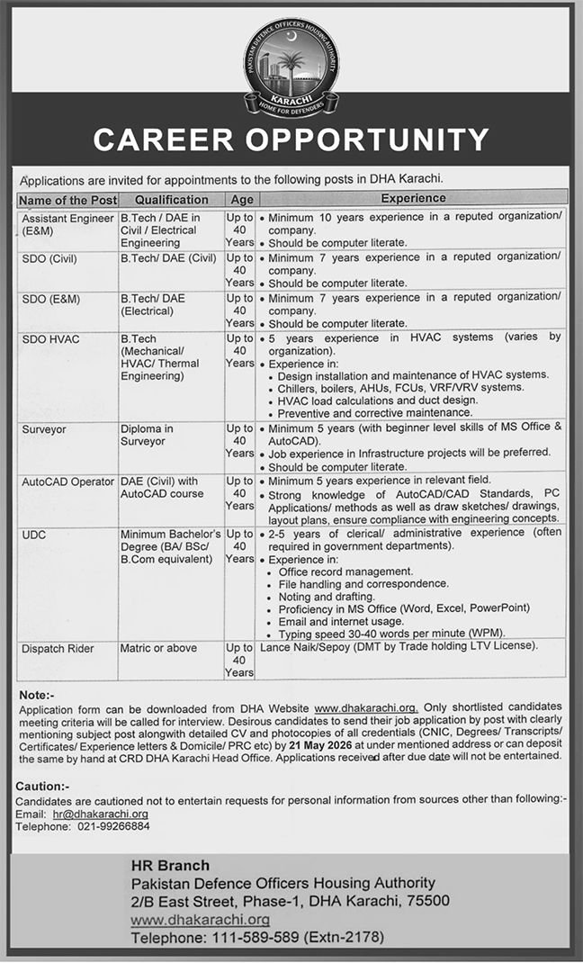 Defence Officers Housing Authority Karachi Jobs 2026 – Defence Housing Authority Jobs 2026 — original advertisement