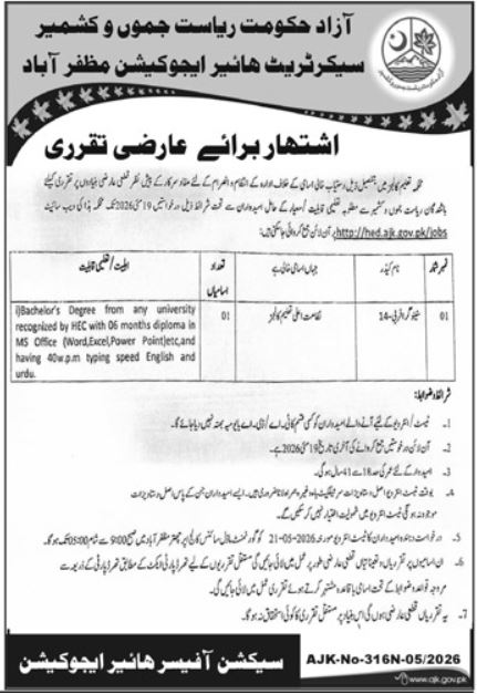College Education Department Muzaffarabad Job 2026 – Govt of Azad Kashmir Jobs 2026 — original advertisement