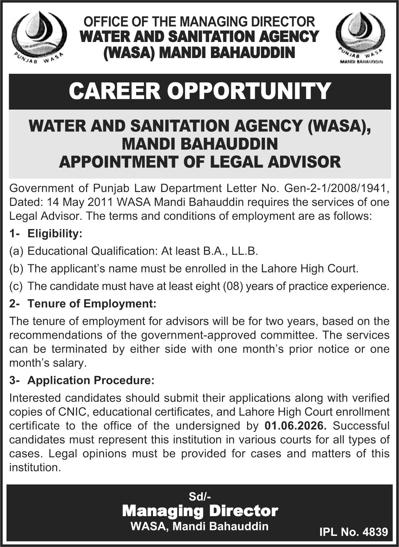 Water And Sanitation Agency WASA Mandi Bahauddin Job 2026 – Water and Sanitation Agency (LDA) Lahore Jobs 2026 — original advertisement